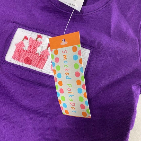 Smocked PolkaDot Top Girls 6 Months Embroidered Smock Purple‎ Ruffle Blouse - Picture 4 of 8